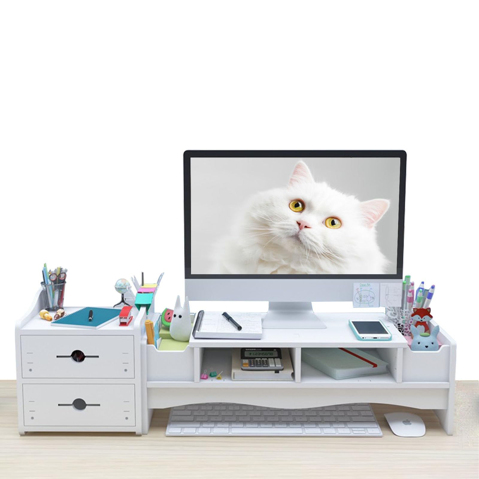 KUAIYU Monitor Stand- 2 Tier Laptop Stand With Drawers,With Storage Compartment ,Monitor Stand Riser Desk Organizer.For Computer, Printer, Cellphone-Use In Office,Home /Reduce Neck &Eye Strain.