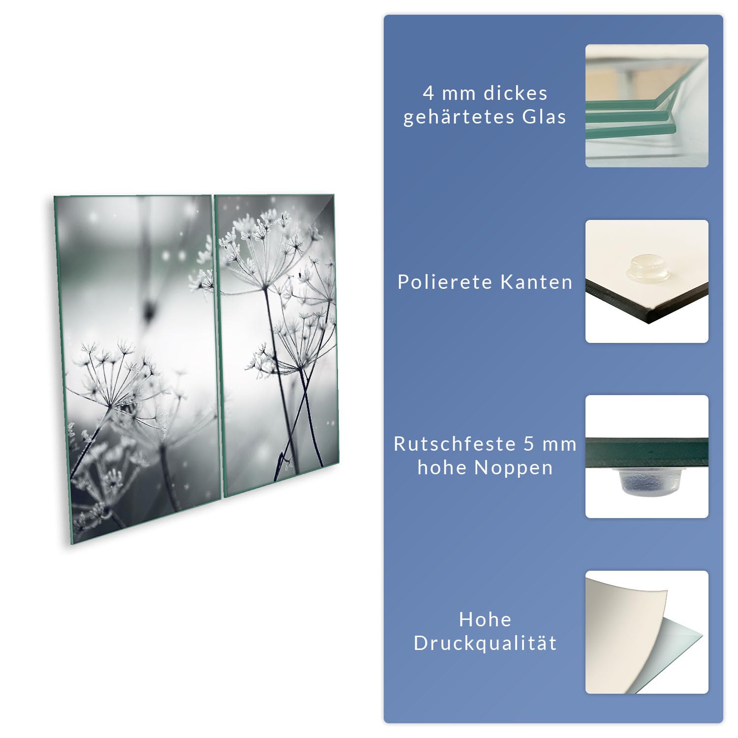 Herdabdeckplatte Abdeckung Ceranfeld Abdeckplatte Schneidebrett 2-Teilig 60x52 Pusteblume Wilder Dill Grau Spritzschutz Glasplatte Ceranfeldabdeckung Sicherheitsglas Glasschneidebrett 2x30x52