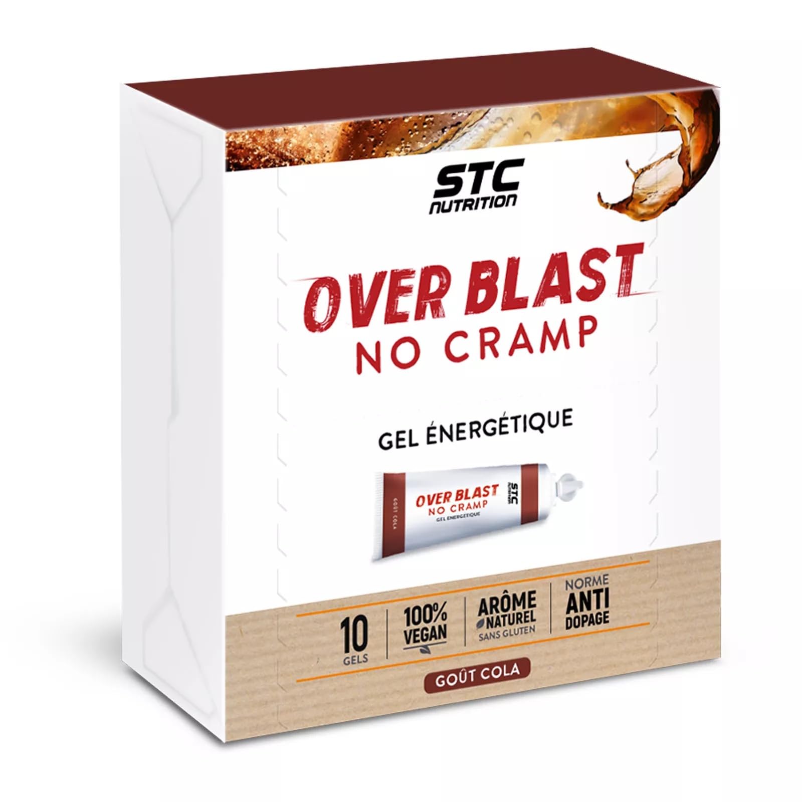 STC NUTRITION - Over Blast® No Cramp - Gel énergétique pour le sport - Nutrition sportive - Limite les sensation de lourdeurs dans les jambes - Texture liquide - 10 dosettes - Goût Cola