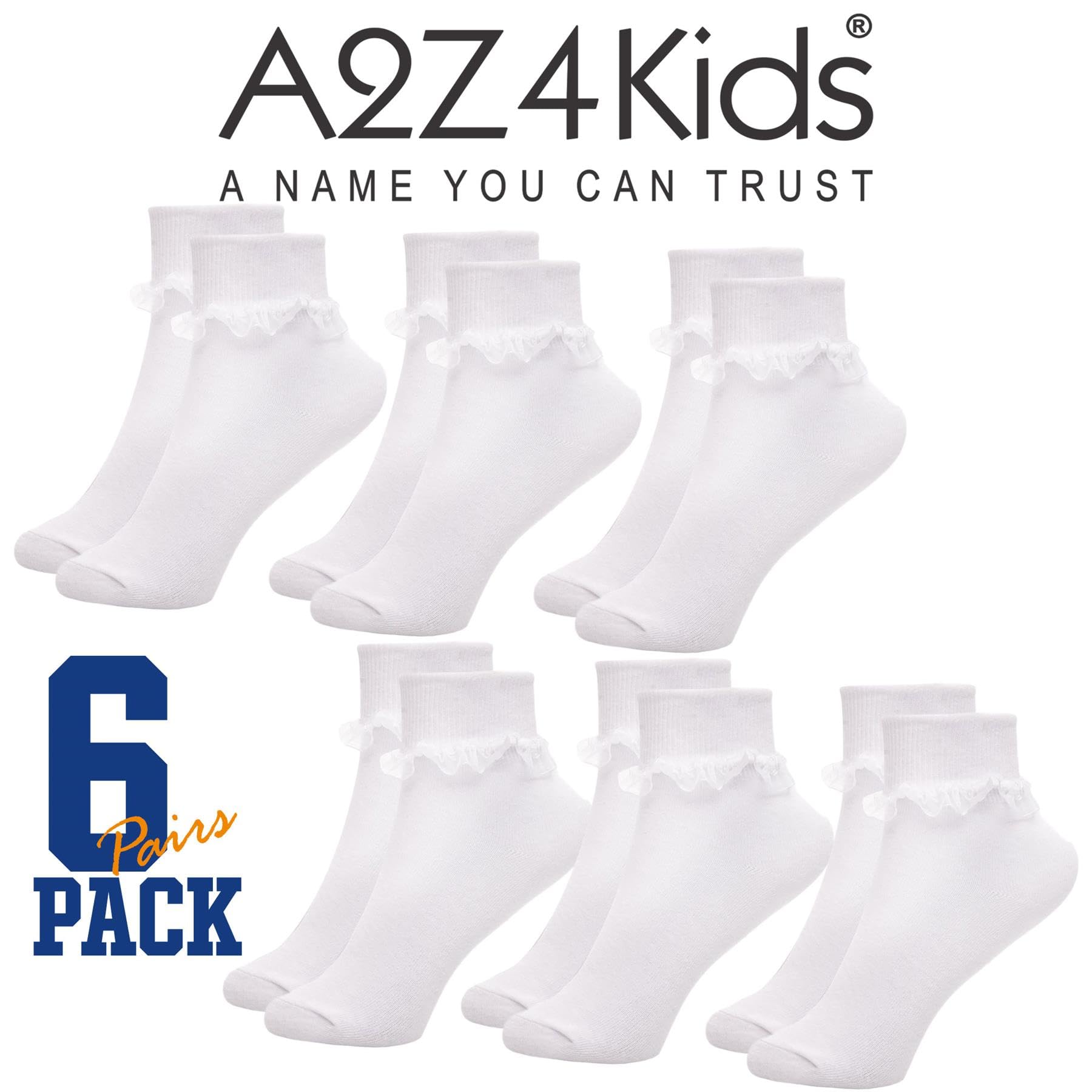 A2Z 4 Kids Lot de 6 paires de chaussettes à volants en dentelle avec bordure en dentelle délicate, parfaites pour habiller les fêtes scolaires et le quotidien, matériau doux et durable