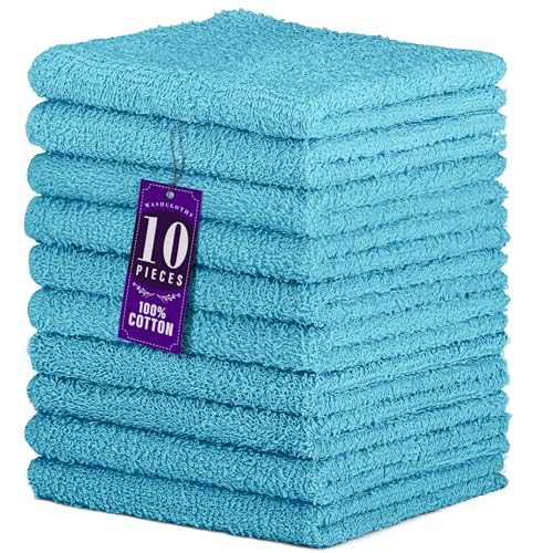 Image of DecorRack 10 Pack 100% Cotton Wash Cloth, Soft 12 x 12 inch, Quick-Drying Towels, Vibrant Colors, Perfect for Gentle Cleaning, Turquoise (10 Pack)