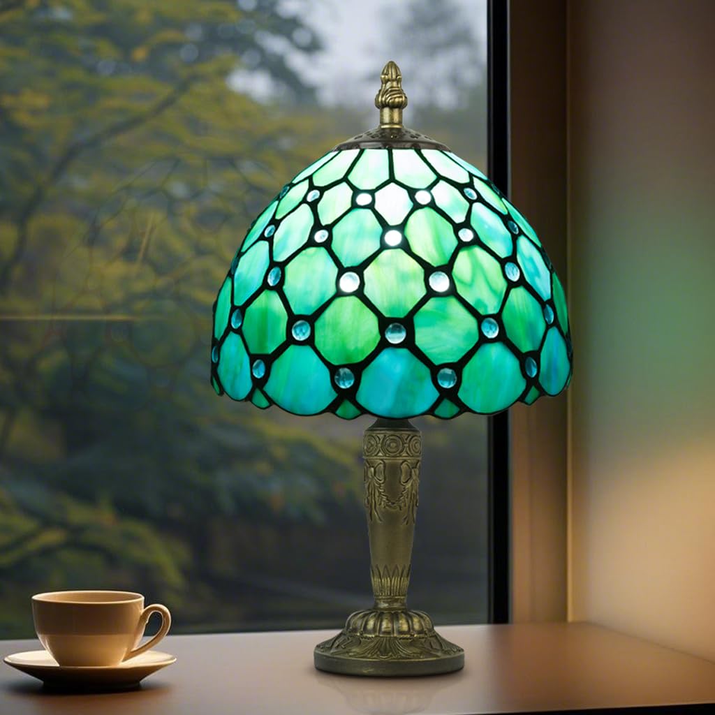 Crefotu Small Tiffany Style Table Lamp, 3 Color Temperatures Bedside Lamp, 8 Inch Stained Glass Desk Light for Home Office Bedroom Living Room (Blue) — image 1
