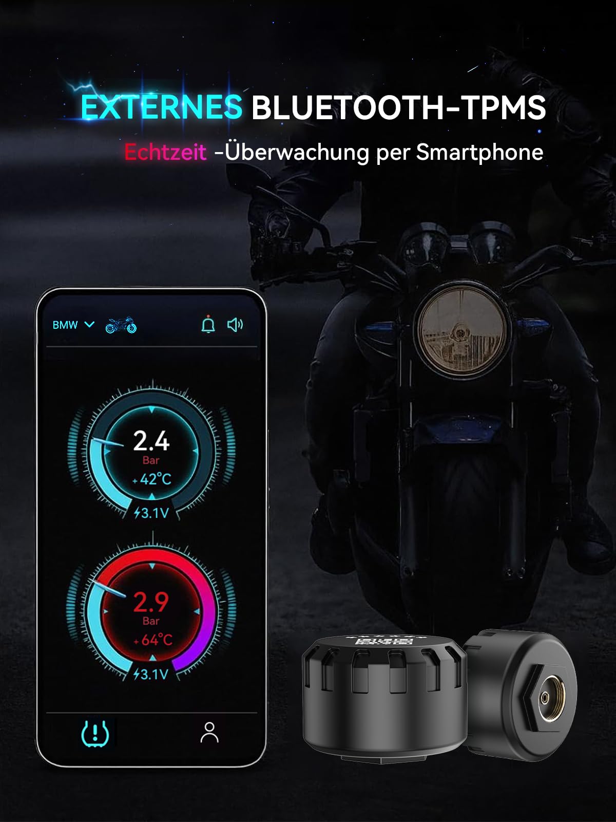 Spedal Reifendruckkontrollsystem TPMS für Motorrad – Bluetooth Reifendrucksens mit App: Druck & Temperatur präzise, Wasserdicht, Echtzeit-Alarm, für iOS & Android (3)