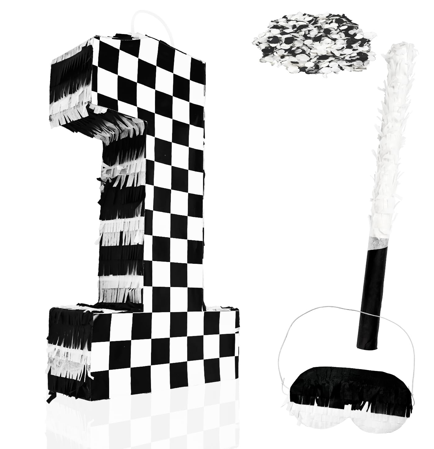 MUNILAIL Checkered Number 1 Pinata Black and White Checkered Pinata with Stick and Blindfold Confetti for 1st Birthday Racing Car Party Game Supplies