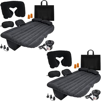 VaygWay Inflatable Car Air Mattress Air Bed w/Pump Kit Back Seat Camping Vacation Blow up Bed Cushion - Sleeping Pad w/ 2 Pillows- 2 Pk Inflatable Car Mattress with Neck Pillow and Ear Plugs