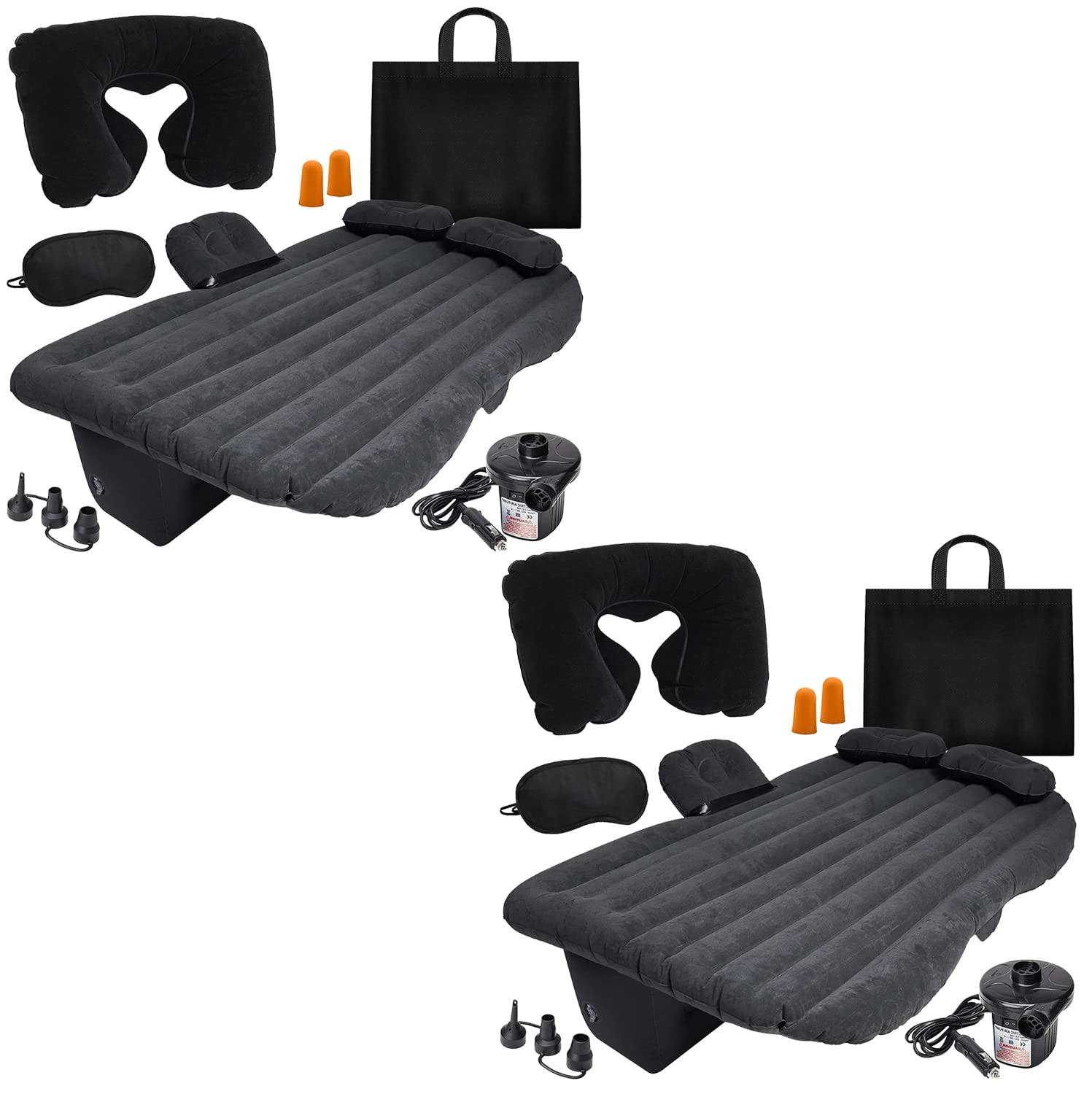 VaygWay Inflatable Car Air Mattress – Air Bed w/Pump Kit –Back Seat – Camping Vacation Blow up Bed Cushion - Sleeping Pad w/ 2 Pillows (2 Pk Inflatable Car Mattress with Neck Pillow and Ear Plugs)