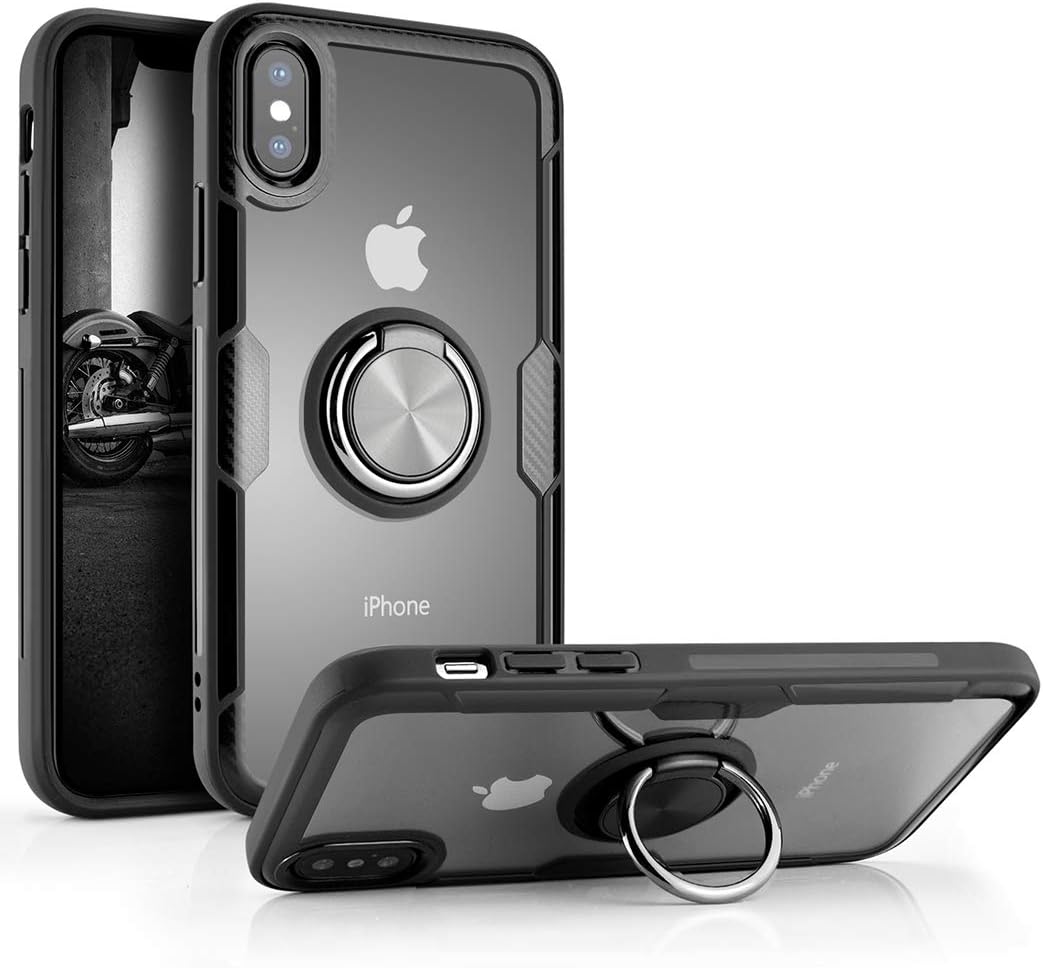 Besiva Phone Case Compatible iPhone X,iPhone Xs,Tempered Glass Back Cover Case with 360°Swivel Ring Kickstand Shock Absorption Anti-Scratch Compatible iPhone X,iPhone Xs,U3