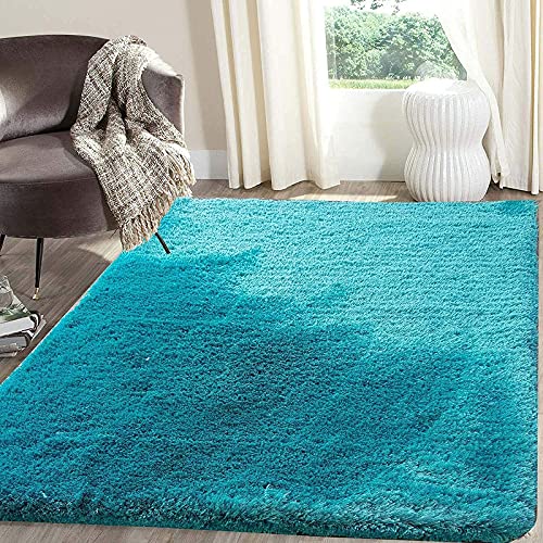 Image of Square Plain Fur Rugs for Hall and Drawing Room 7x7 Feet Sqaure Microfiber 2 Inch Pile Height Modern Interior Mat Turquoise