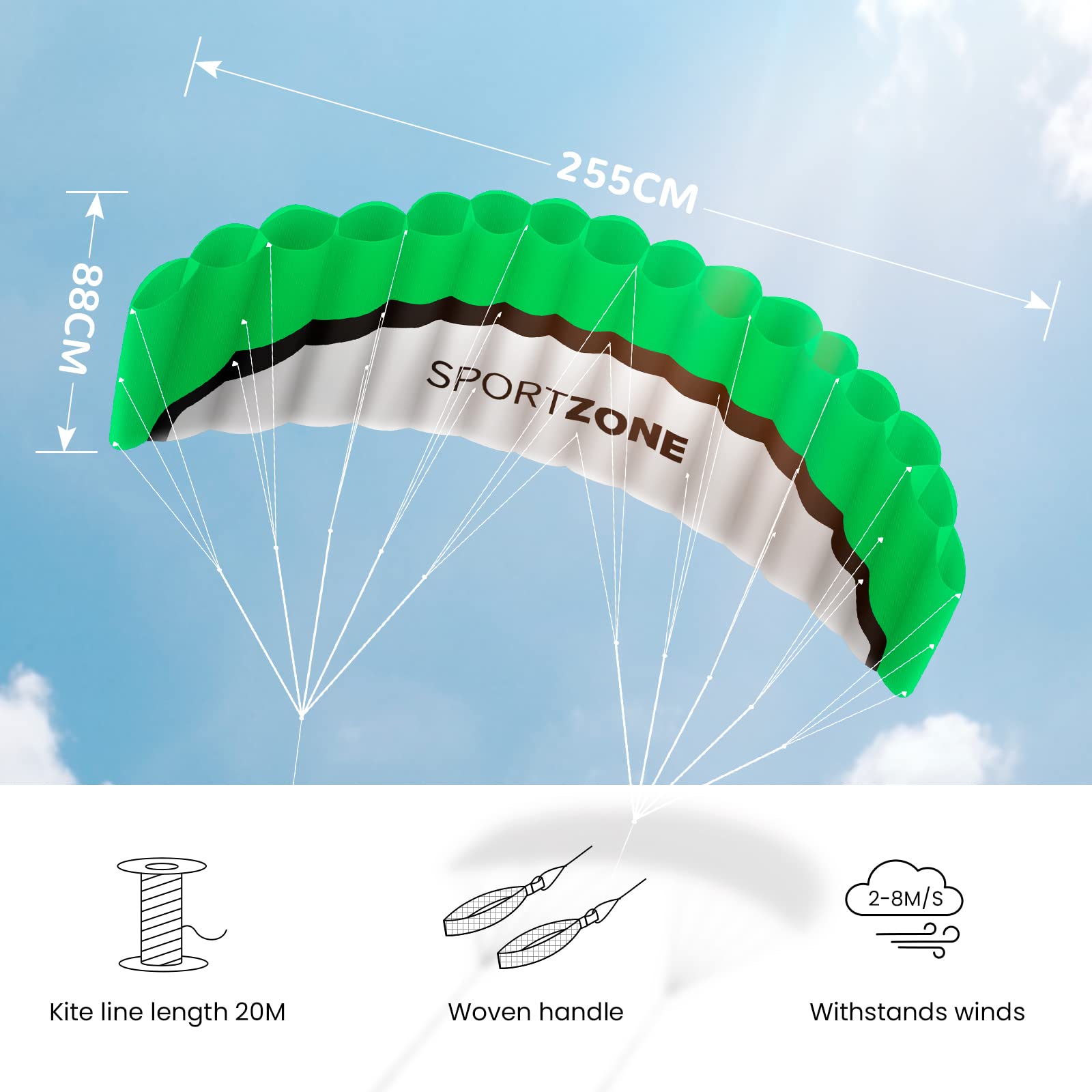 Kwasyo 2,5 m Latawce dwulinkowe do sportów ekstremalnych, z uchwytem, 30 m linki, kitesurfowanie na plaży, do parku na świeżym powietrzu, do ogrodu, zabawy (zielony)