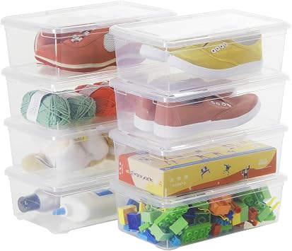 6 Quart Stackable Plastic Storage Shoebox, BPA-Free Nestable Container with Latching Lid to Organize Shoes, See-Through Box for Home and Office, Multi-Purpose Clear Bins Transparent, 8 Pack