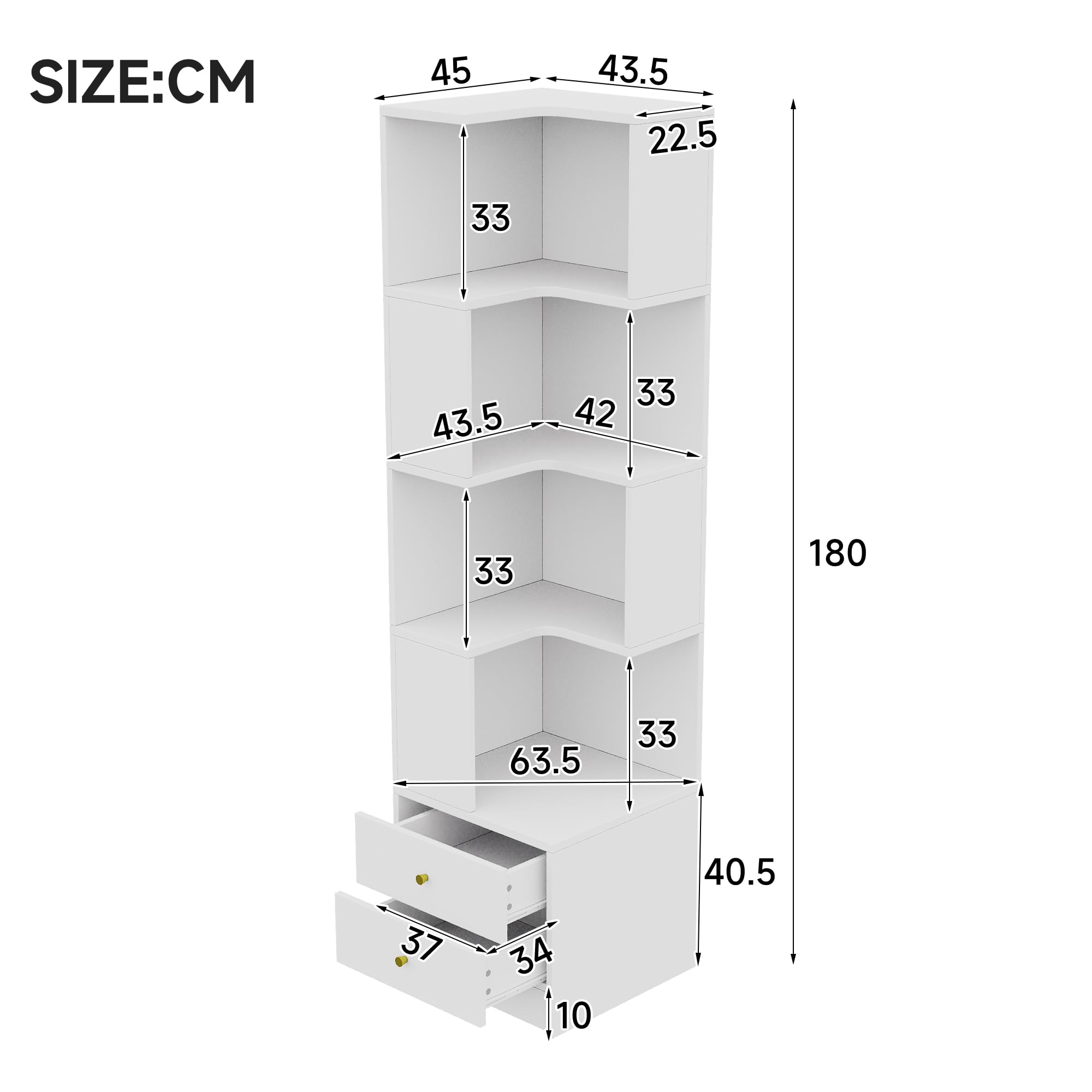 Scaffale angolare per soggiorno, 180 cm, moderna libreria angolare con illuminazione a LED, scomparti aperti e 2 cassetti, per soggiorno, camera da letto e corridoio (bianco)