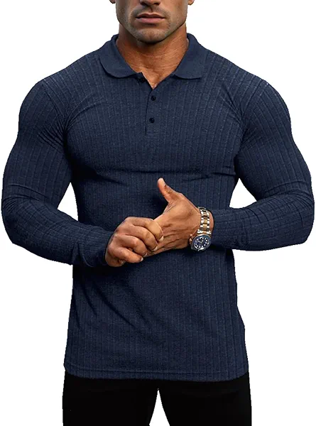 Lehmanlin Men's Stretch Muscle Shirts Long/Short Sleeve Cotton T Shirts Slim Fit Polo Shirt
