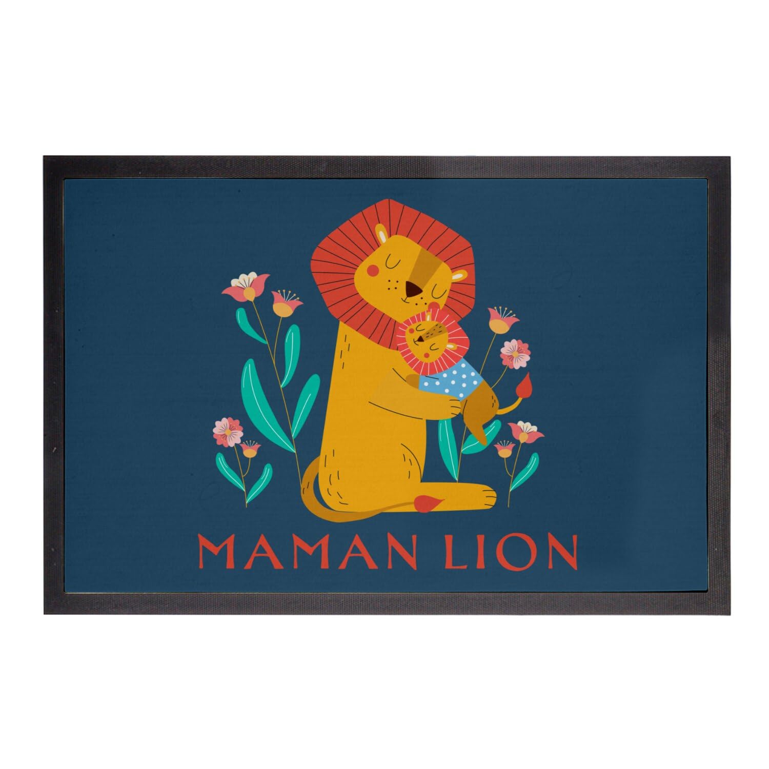 Paillasson bleu maman lion dessin savane 75x50cm parfait pour l'entrée familiale