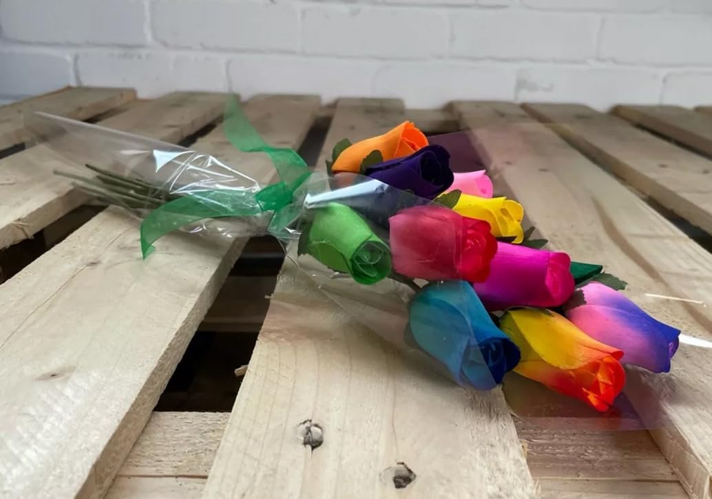 Homestreet Random Mix Everlasting Flower Bouquet, 1 Dozen Wooden Roses In A Choice Of Vibrant Colours, 12 Rose Buds In Cello-Instant Floral Gift (Random Mix)