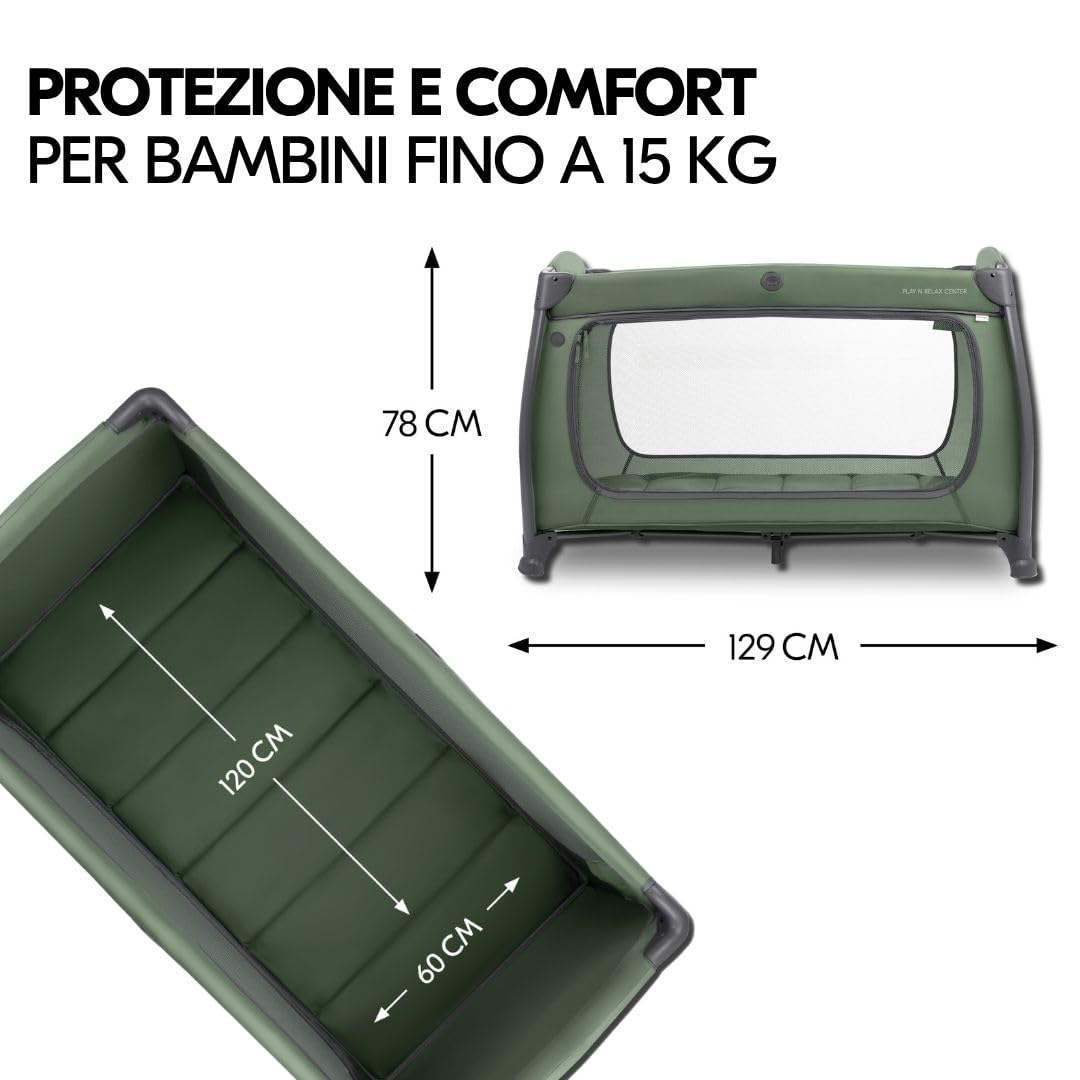 hauck Lettino da Viaggio Play N Relax Center con Materasso e Zanzariera, Lettino Campeggio Neonato con Fasciatoio, Inserto Neonato, Ruote e Borsa Trasporto, Verde Scuro