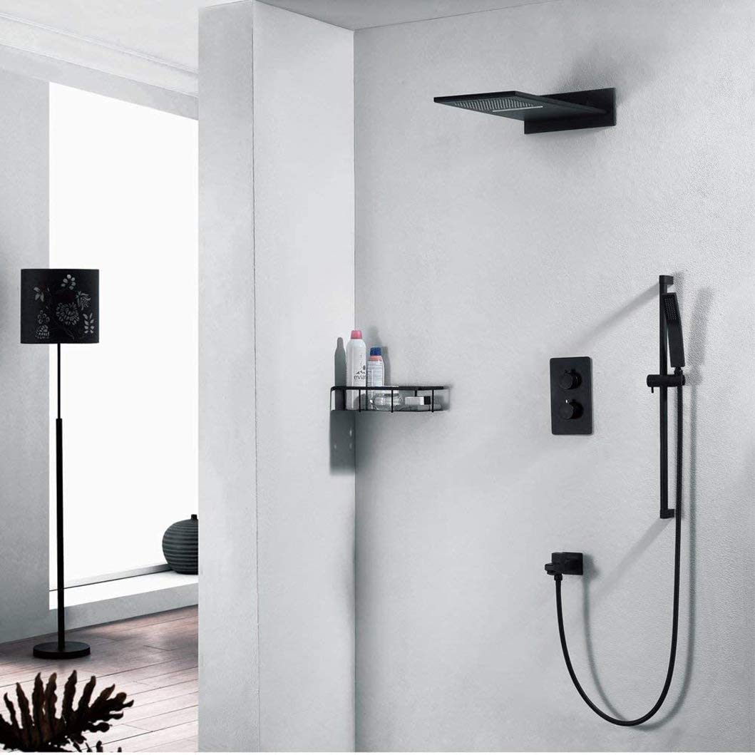 Termostático latón Negro con Lluvia en Cascada Alta presión y Mano, Ducha de Lujo, c