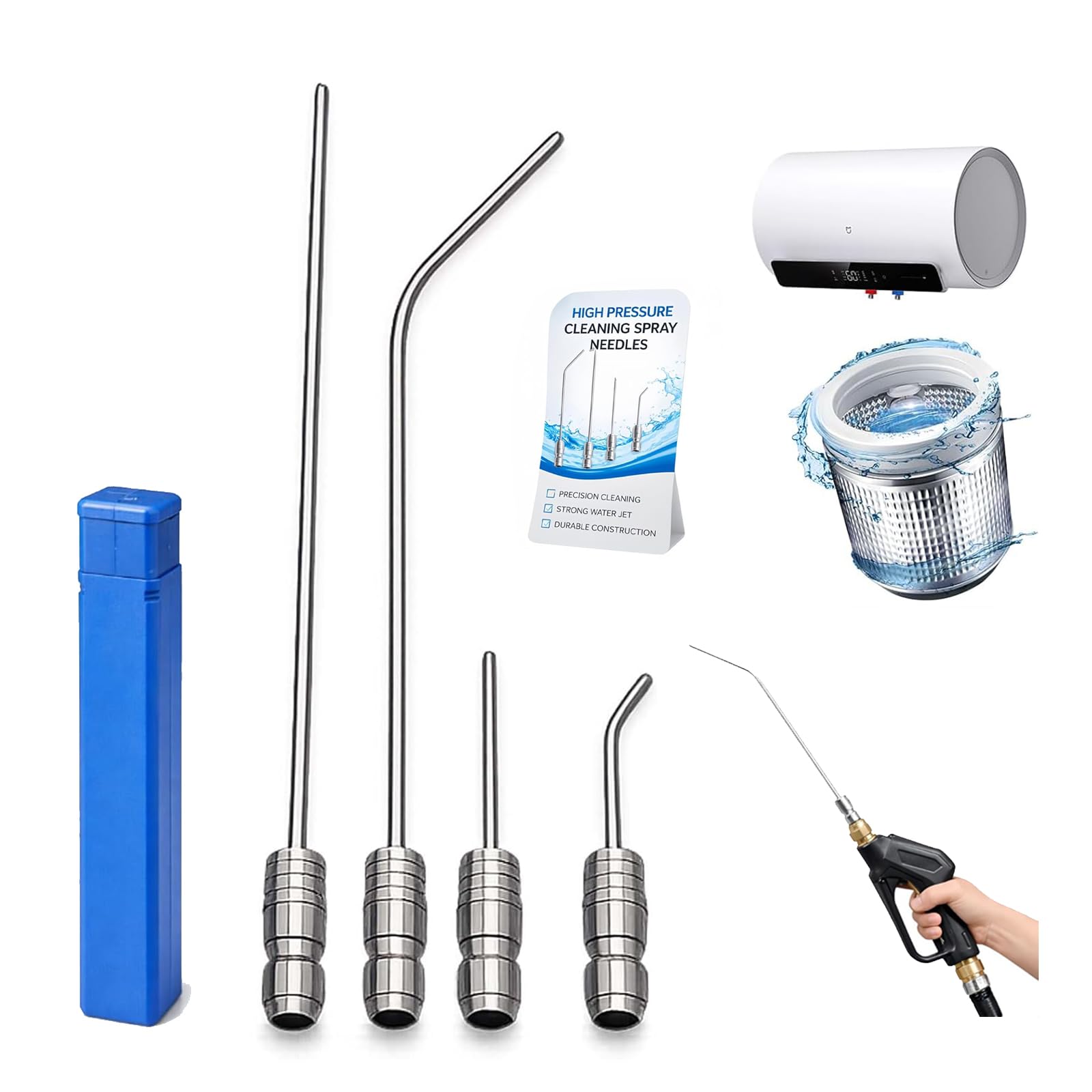 4 Pack High Pressure Washer Nozzle Kit for Washing Machine & AC Cleaning, 1/4 Quick Connect Stainless Steel Wand with Straight & Curved Needles, Heavy Duty Hose Washer Spray Nozzle Kit