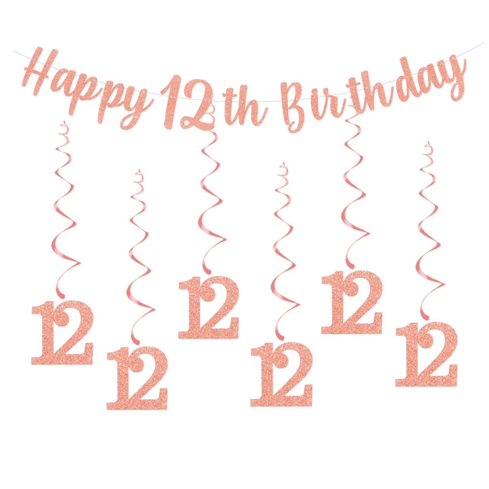 bng-bng 12th Birthday Party Decorations Girls Rose Gold With Happy 12th Birthday Bunting 12 Banner Hanging Swirls Streamers For Girls 12 Years Old Pre-teen Anniversary Decorations Party Decor
