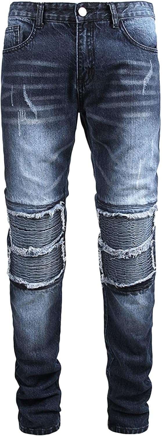DGHM-JLMY Men's Ripped Straight Loose Pleated Motorcycle Jeans Hip Hop Straight Washed Jean Trousers Washed Denim Pant