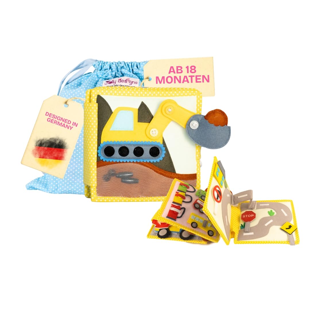 Jolly Designs Mini Quiet Book Mein erster Bagger – Montessori Spielzeug ab 18 Monaten – Busy Book & Stoffbuch aus Filz – Lernspielzeug zu Fahrzeugen & Verkehrsregeln – Motorikbuch für Kleinkinder