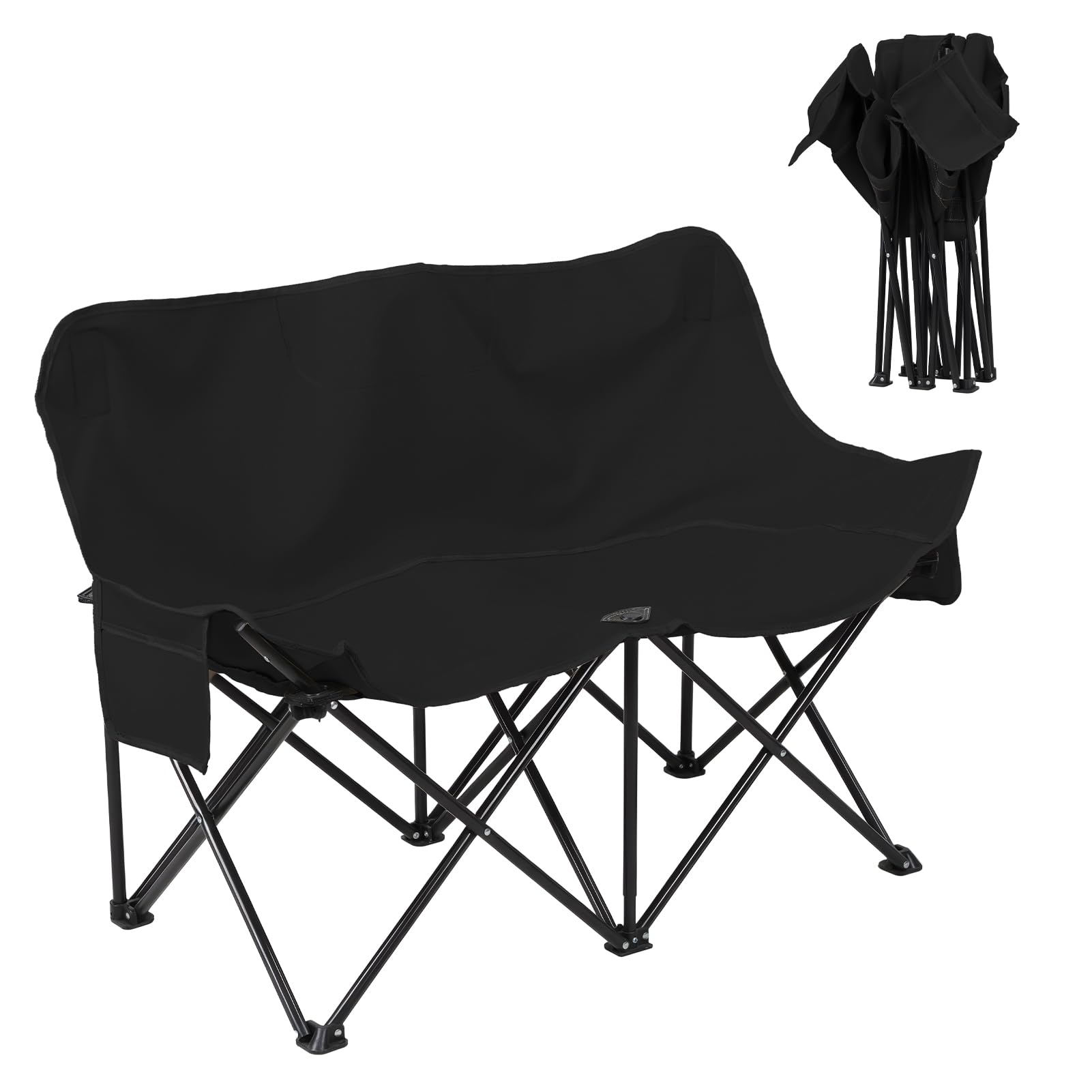 tekrabea Double Camping Chair, 2-Person Loveseat Camp Chair with Dual Side Pockets, 600D Oxford Folding Chair 330LBS Load with Carry Bag for Outdoor Camping Picnic BBQ (Black)