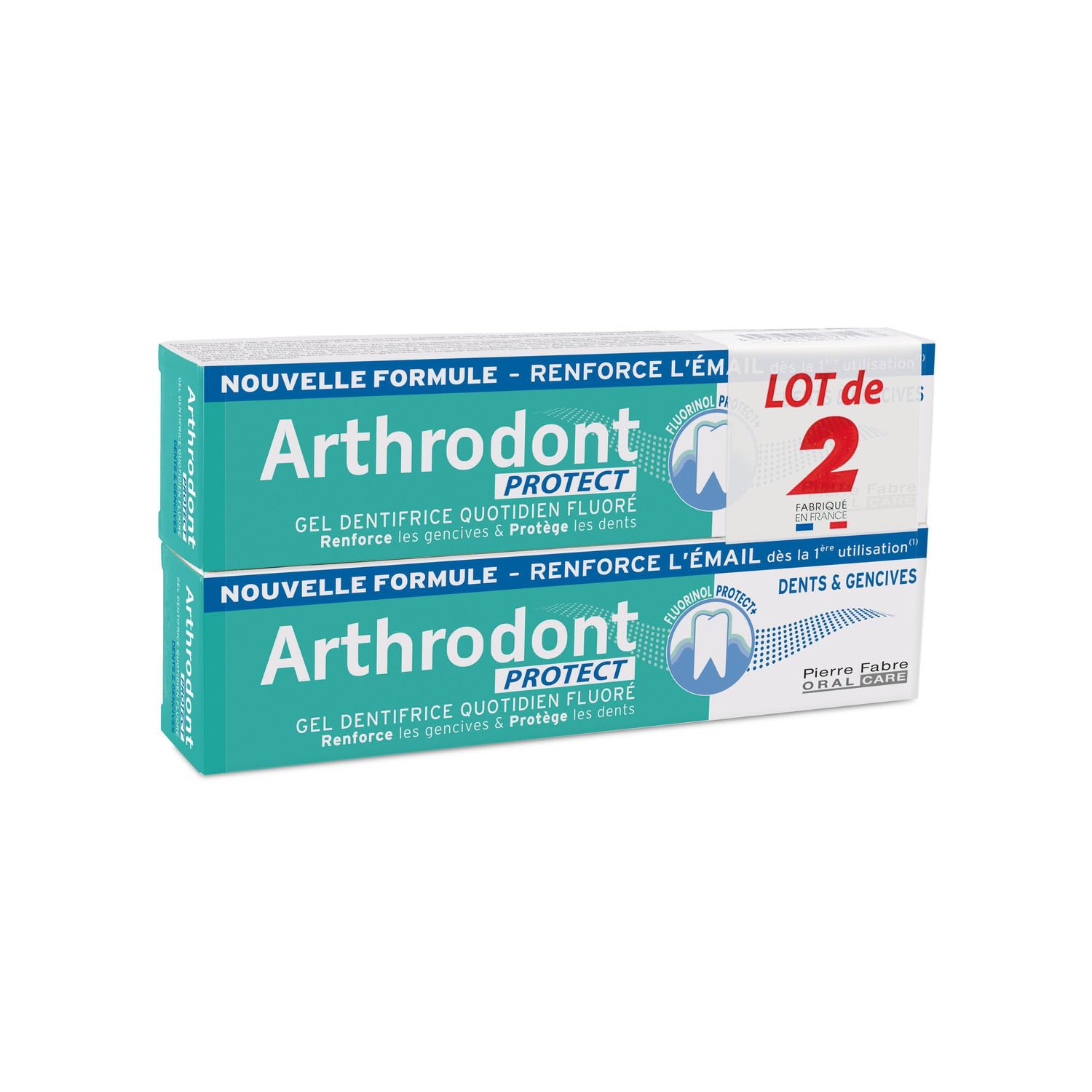 Gencives apaisées et émail renforcé dès le premier brossage — PIERRE FABRE ORAL CARE Arthrodont Protect+ Gel dentifrice fluoré quotidien, lot de 2x75ml - Lot de 3