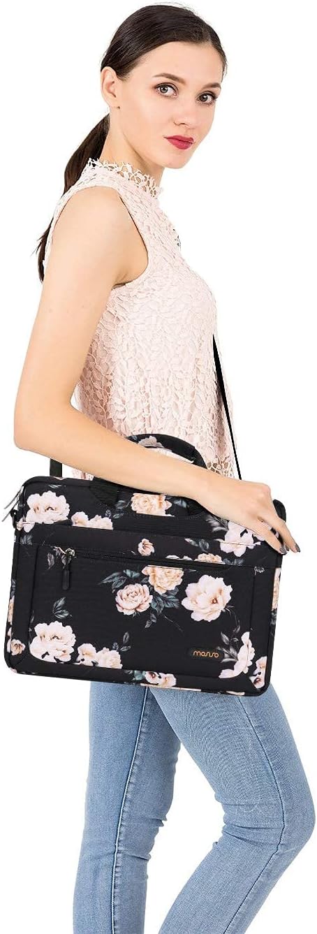 Free Shipping 🛒 MOSISO Laptop Shoulder Bag Compatible with MacBook Pro 14 inch 2021,Compatible with MacBook Air/Pro,13-13.3 inch Notebook,Camellia Messenger Carrying Briefcase with Adjustable Depth at Bottom, Black