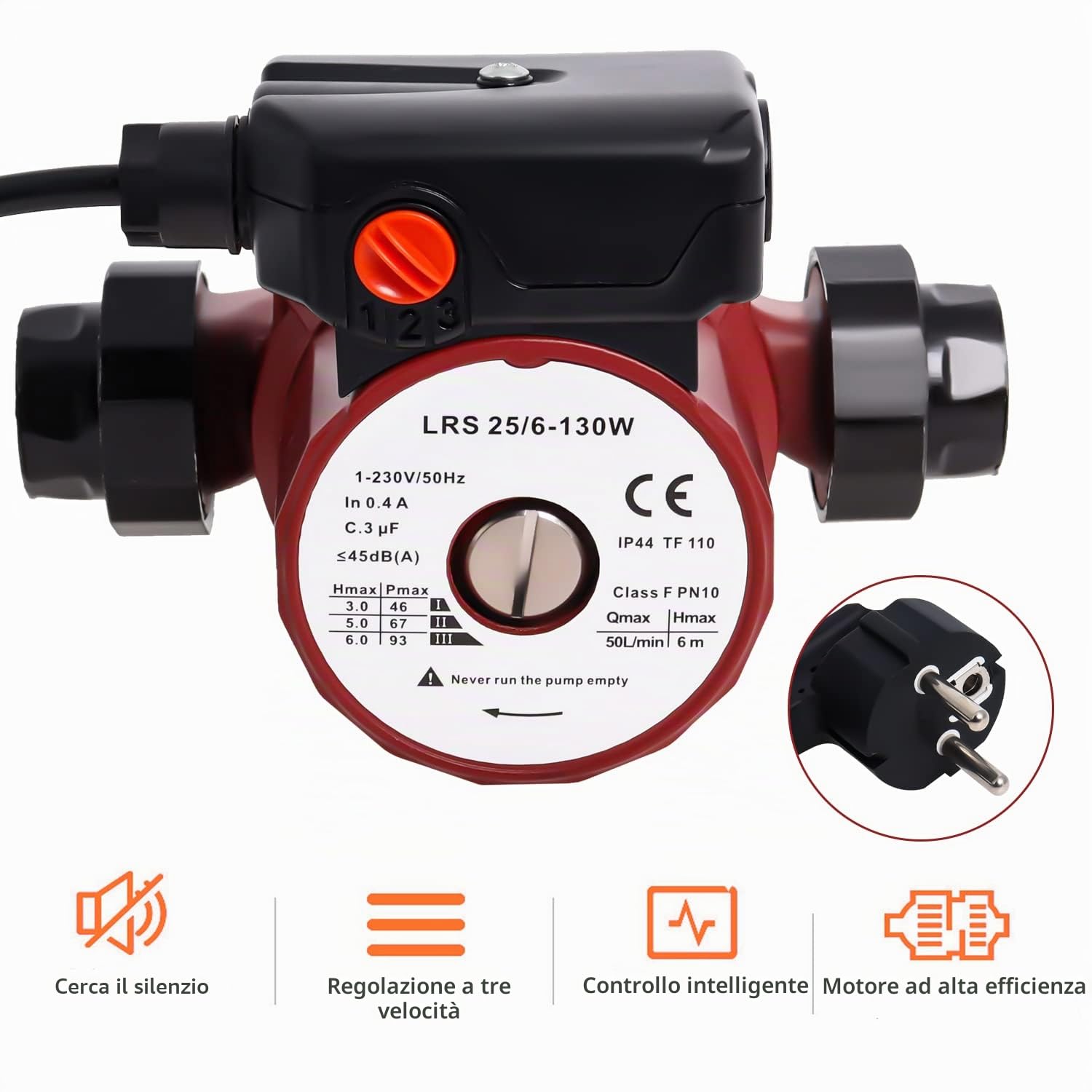 LRS25/6-130 Pompa di circolazione dell'acqua calda, pompa di ricircolo solare, pompa di pressione a tre velocità, 46/67/93 W, altezza massima 6 m per Poweka