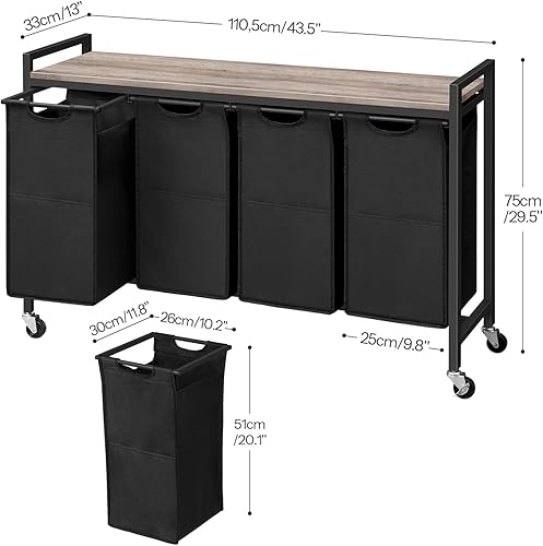 Miniatura 3 de HOOBRO Clasificador de ropa sucia de 4 secciones, cesta de lavandería con ruedas, 4 × 10.5 galones (39.8L), cesta de lavandería rodante, bolsas de