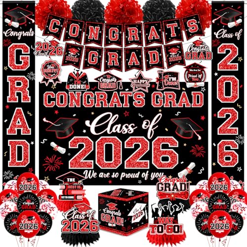 Graduation Decorations Class of 2026 Red Graduation Party Supplies- Congrats Grad Decorations Banner Hanging Swirls Graduation Card Box Paper Pompoms Balloons Porch Sign for College Grad Party