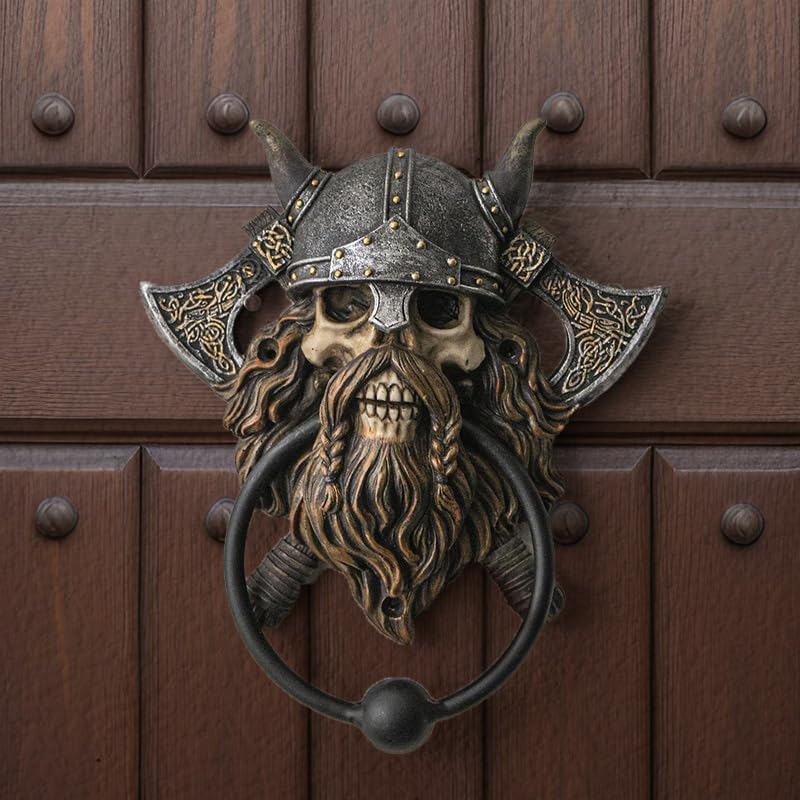 Pacific Giftware Skull Viking Door Knocker Medieval Norse Warrior Design with Battle Axes Decorative Cast Iron Door Hardware Polyresin Home Decor 7.25"H