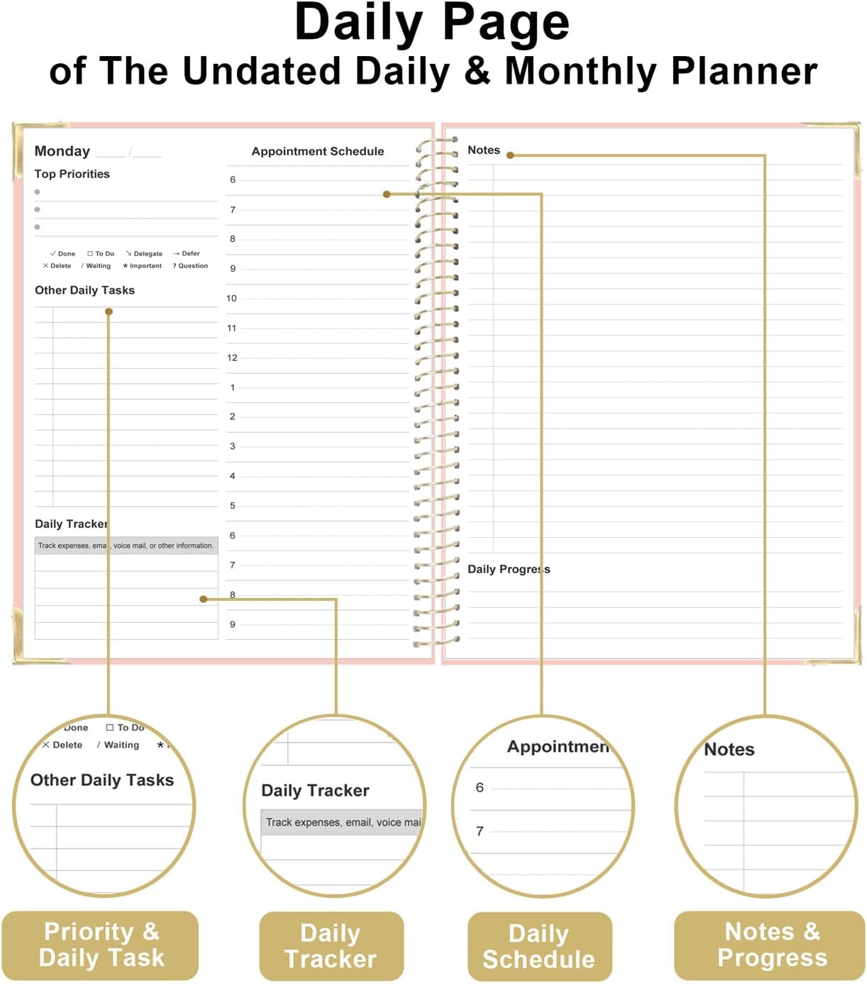 Undated Daily Monthly Planner for 2026 or Anytime - A4 To Do List with Hourly Schedule, Hardcover Spiral Bound Daily Planner to Increase Focus, Stylish School/Office Supplies, 8.5" x 11", Pink