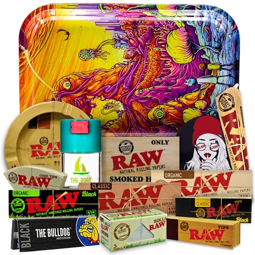 Regalo para fumadores Bandeja para liar 27,5 x 17,5cm + Cenicero RAW + Bote Antiolor THE BOAT +...