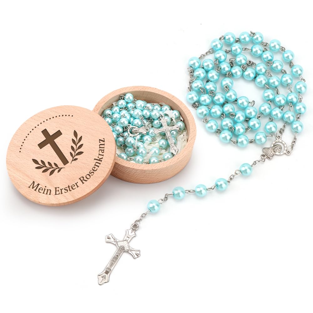 FIDWALL Mein erster Rosenkranz mit Aufbewahrungsbox – Tauf- und Baby-Shower-Geschenk für Mädchen und Jungen | Katholischer Heiliger Erstkommunion Rosenkranz Perlen (Blau)