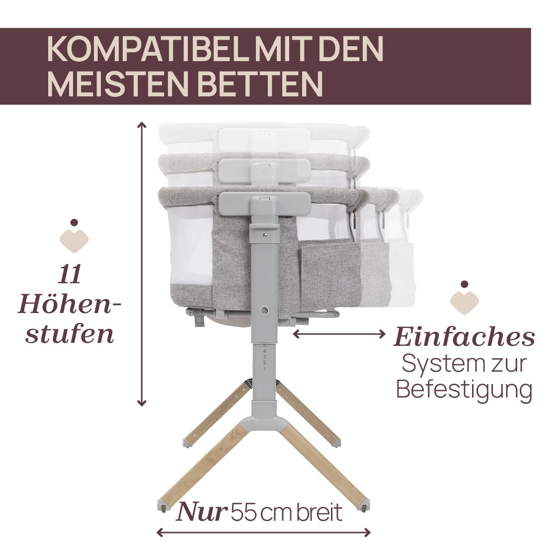 Chicco Next2Me Armonia Baby Beistellbett, aufklappbare Seitengitter, 11 Höhenstufen, höhenverstellbar von 66 bis 83 cm, 4 Rollen, hervorragende Luftzirkulation, hellgrau meliert