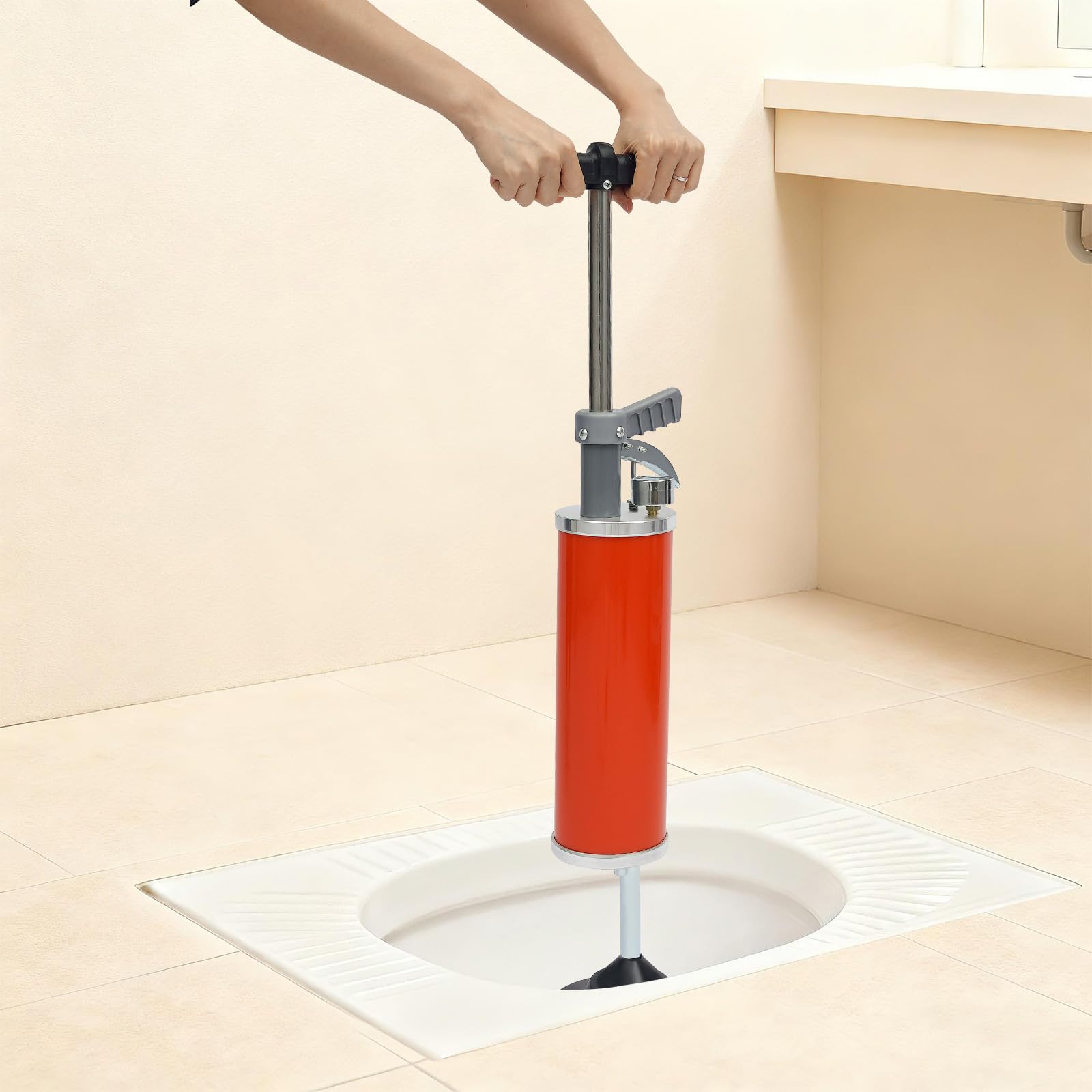 Pulitore pneumatico per tubi con aria compressa, pressione massima 0,7 MPa, serbatoio d'aria da 3 l, per WC, lavandino, vasca da bagno, scarico, con 2 tappi e tubo, rosso, 20 x 53,3 cm