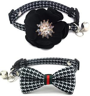 Flower Dog Cat Collar for Small Dogs Girl Cats- 2 Pack Cute Floral and Plaid Puppy Collars with Removal Bowtie and Luxury Crystal Pistil Studded Flower Charm (Retro Houndstooth, Size S)
