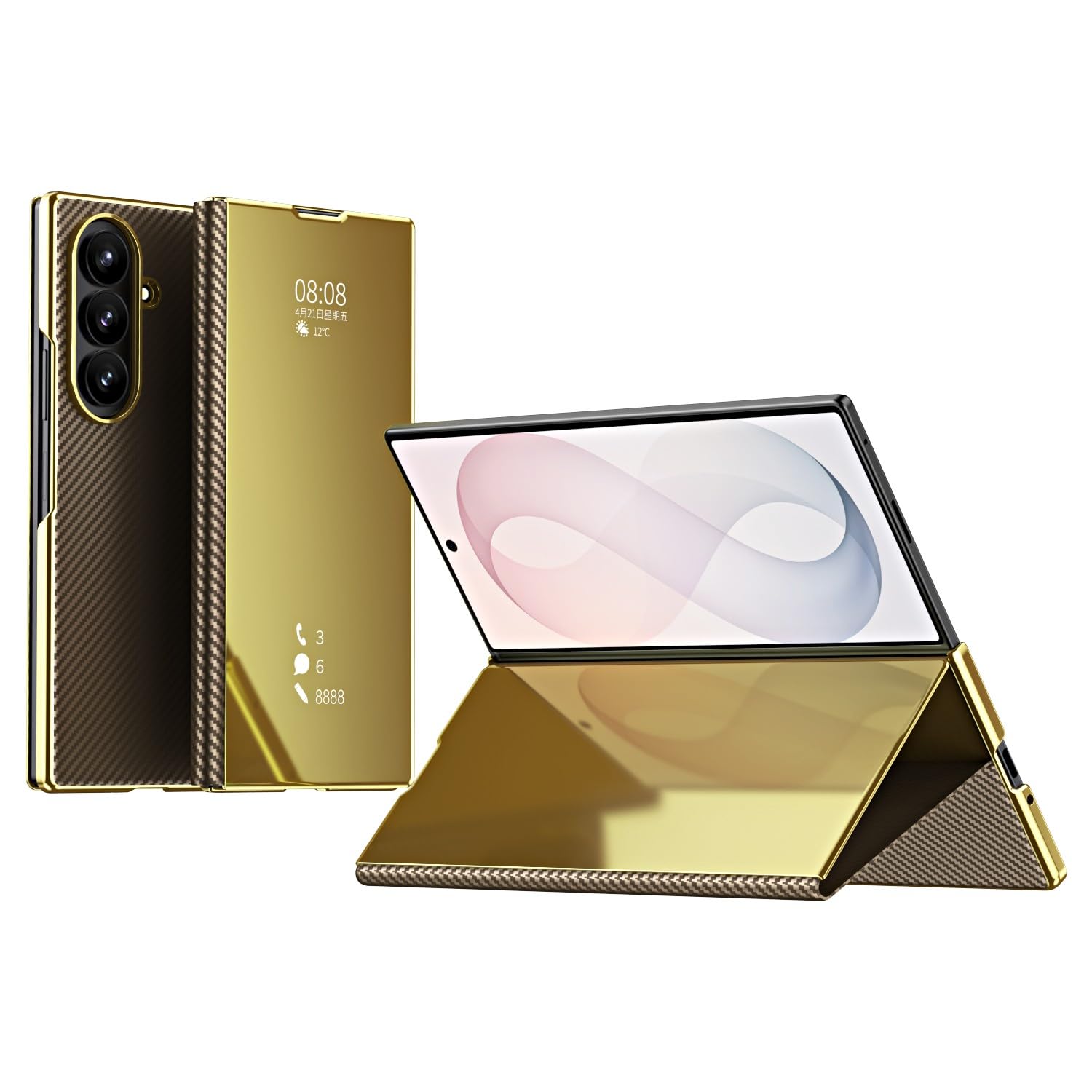 Generic Funda compatible con Samsung Galaxy Z Fold 6 (color: dorado) de fibra de carbono magnética con espejo trasero duro Smart View Flip Stand Case
