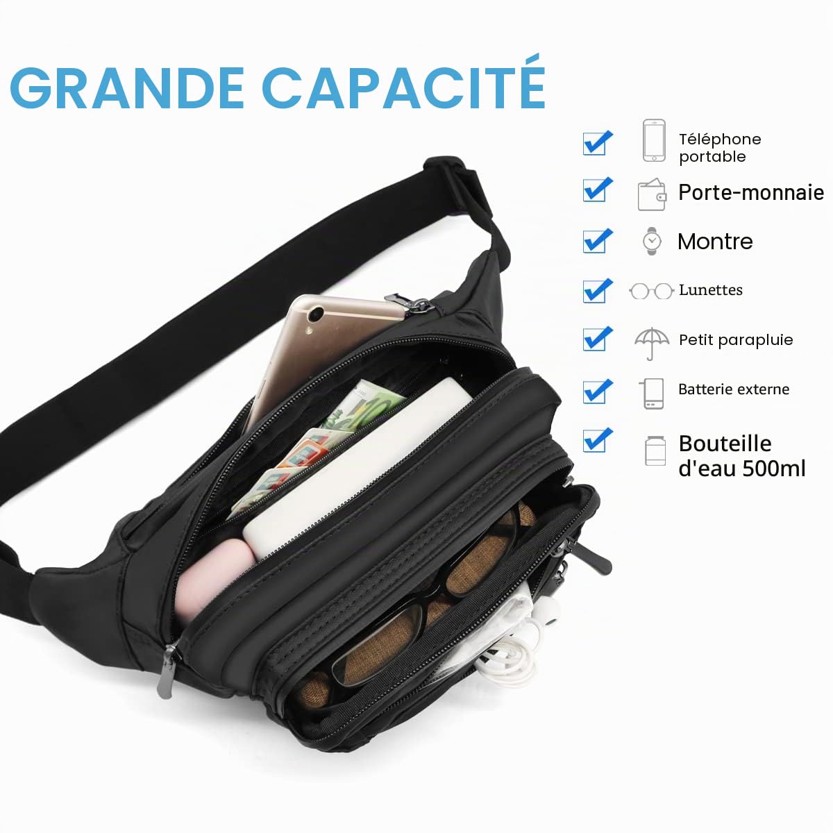 HNOOM Banane Homme Sac Banane Femme Imperméable Sacoche Banane avec 5 Poches et Sangle Réglable, Sac Banane Voyage Randonnée Unisexe Grande Capacité Sacoche de Ceinture (Noir-1)