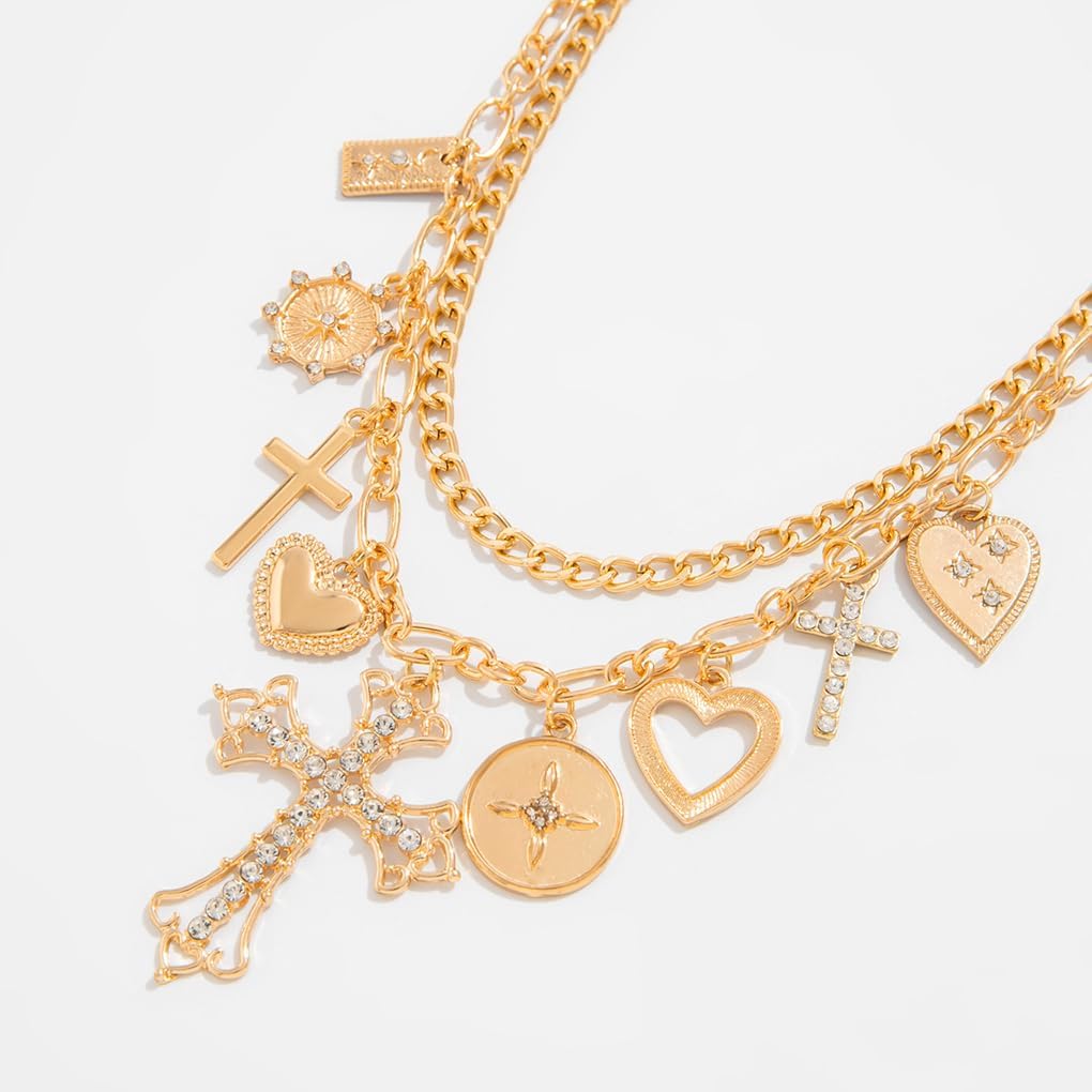Layered Gold Cross Heart Choker Necklaces for Women Punk Rhinestone Coin Crucifix Pendant Necklace Chunky Adjustable Love Necklace Jewelry Accessories - Image 8
