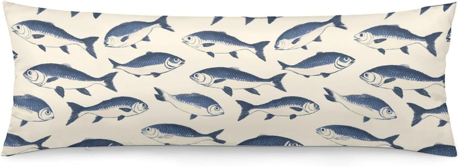 Blue Sea Fish Body Pillow Cover Long Cushion 18.9x53.1 Inch | pillowcase,bed decor,farmhouse,sofa