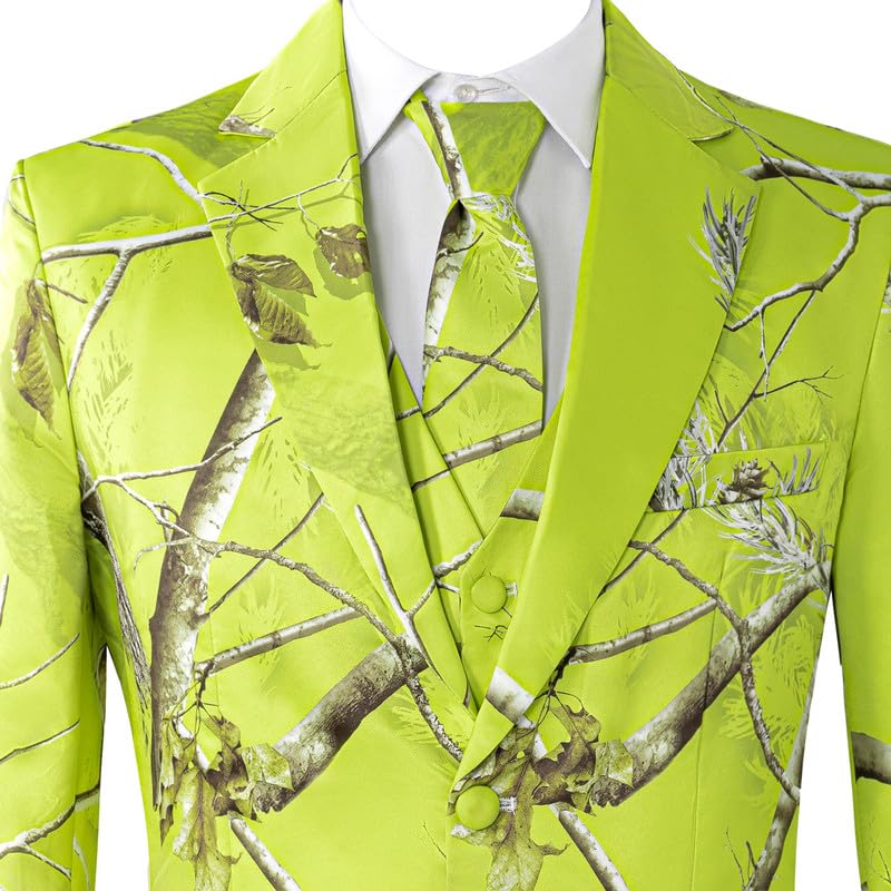 HBDesign Men's 3 Piece Fluorescent Green Camo Suit with Tie 2 Button Notch Lapel Blazer Vest and Trousers2