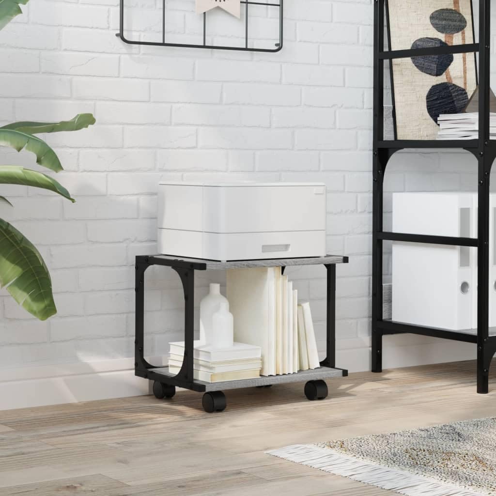 Soporte para impresora enrollable con 2 estantes en roble Sonoma, 41 x 28 x 33,5 cm, mueble de oficina con 2 estantes y ruedas, mesa de impresora con ruedas para uso flexible