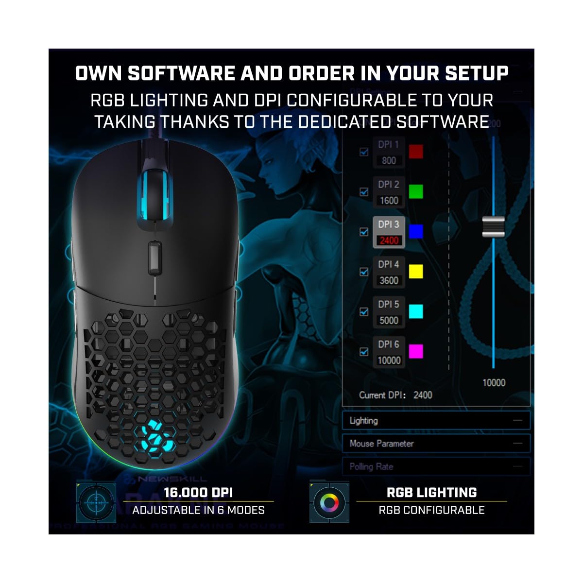 Mouse da gioco professionale Newskill Arakne Tournament, cablato, RGB personalizzabile, sensore ottico, 16000 DPI regolabili, 9 pulsanti programmabili, peso personalizzabile, nero