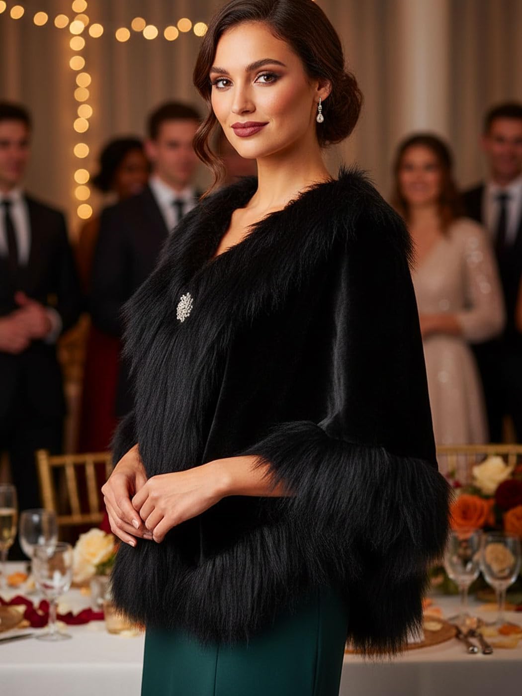 Aukmla Wedding Faux Fur Shawls and Wraps Bridal Fur Coat Winter Cape Stole with Rhinestones Brooch for Brides and Women - Image 7