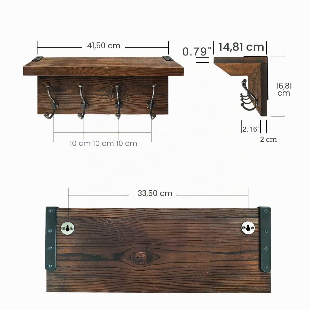 Perchero rústico montado en la pared, estante de entrada de madera maciza marrón con ganchos, toque perfecto para tu vestíbulo, cocina, baño y más