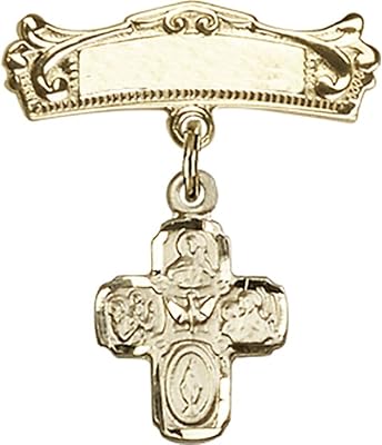 Gold Filled Baby Badge with 4-Way Charm and Arched Polished Badge Pin 1 X 3/4 inches