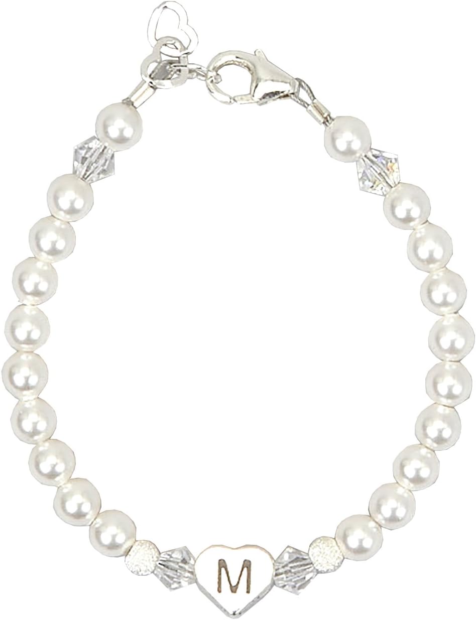 Personalized Sterling Silver Heart Initial Baby Child Bracelet with European Crystalsand White Simulated European Pearls (BHC)
