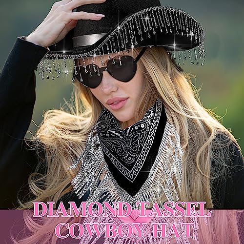 Image of Leumoi 3 Pcs Rhinestone Fringe Cowgirl Hat Rhinestone Bandana Sunglasses