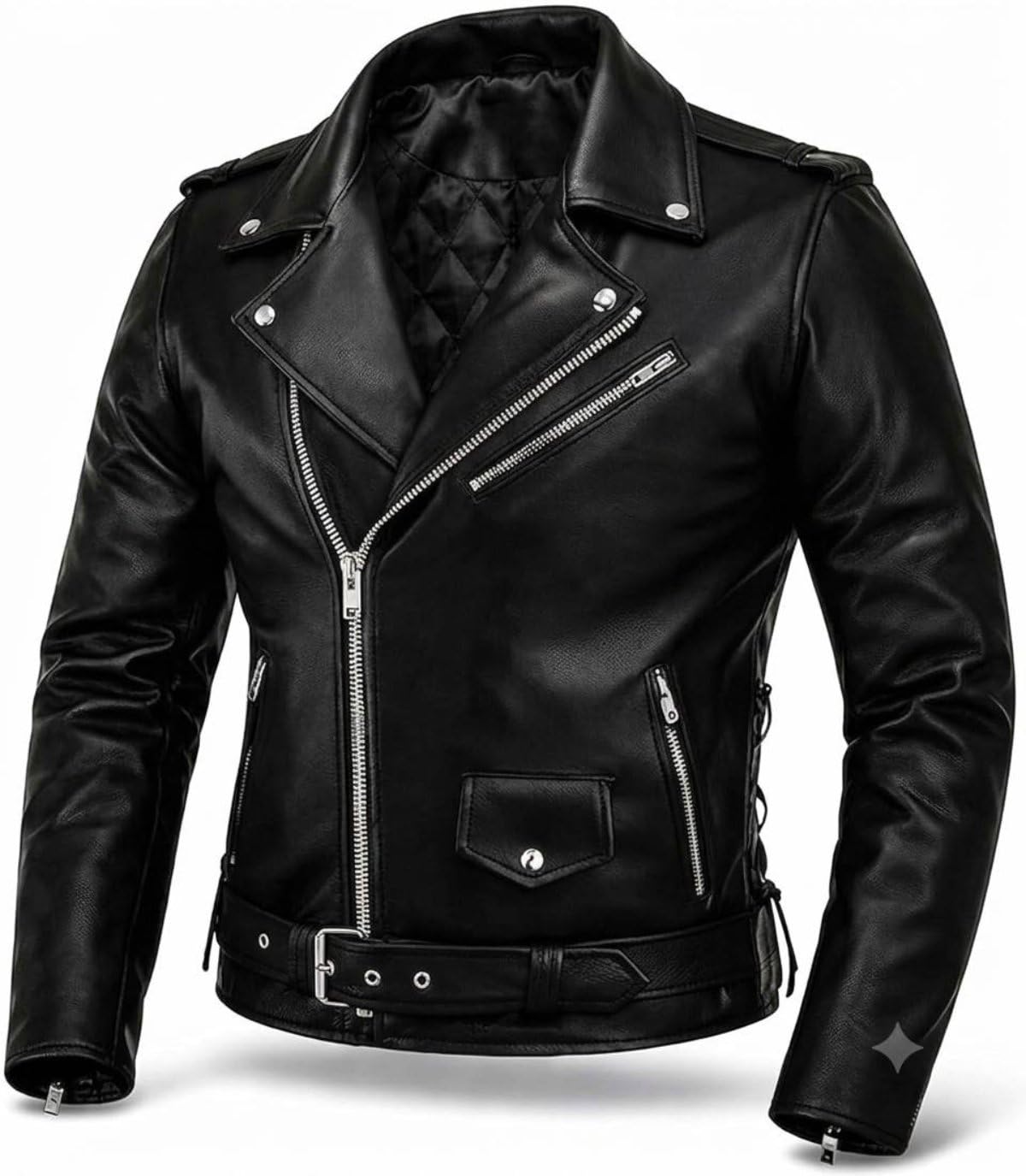 Chaqueta clásica de cuero Brando para hombre, chaqueta de motociclista negra auténtica